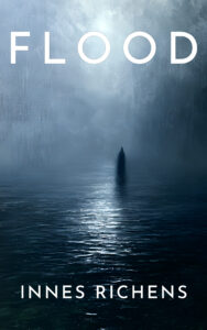 A picture of the front cover of a novel called 'Flood' by Innes Richens - a dark shadow hovers over a moody seascape in moonlight.